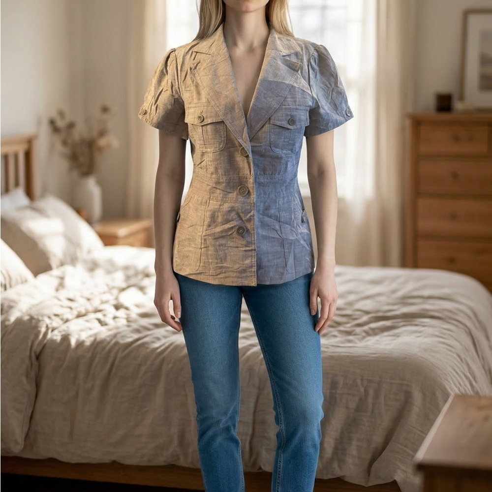 AB Studio Short-Sleeve Button Front Shirt in Beige Taupe